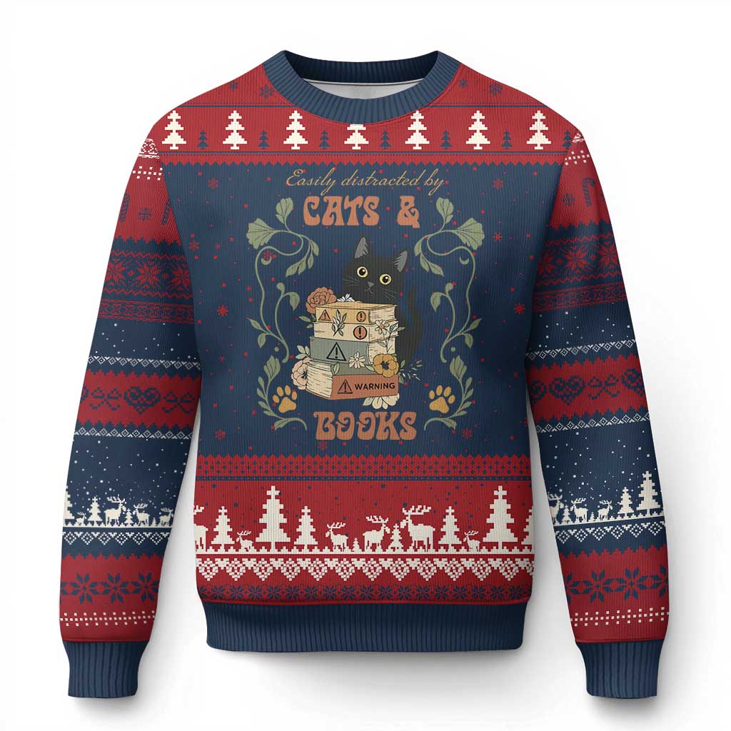 Cute Bookworm Gift Ugly Christmas Sweater Easily Distracted By Cats And Books TS12 Navy Red Print Your Wear