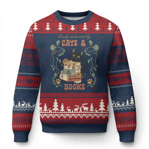 Cute Bookworm Gift Ugly Christmas Sweater Easily Distracted By Cats And Books TS12 Navy Red Print Your Wear