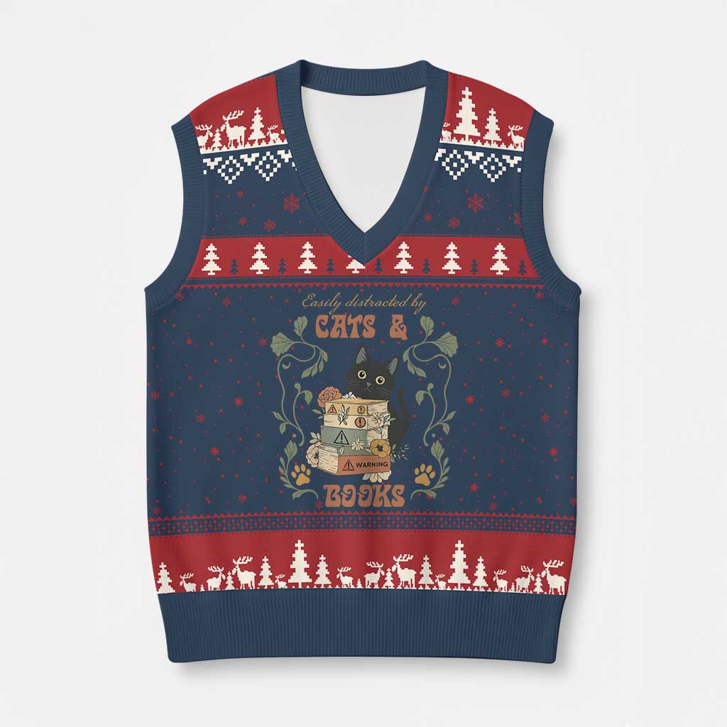 Cute Bookworm Gift V-Neck Knit Sweater Vest Easily Distracted By Cats And Books TS12 Navy Red Print Your Wear