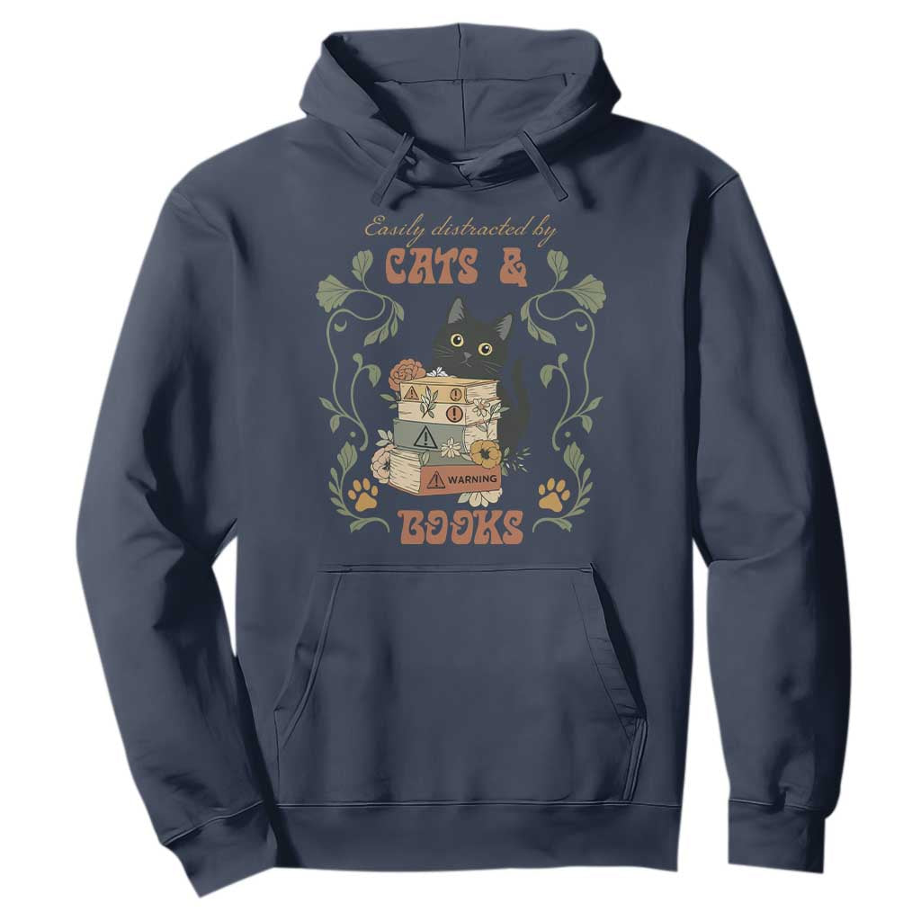 Cute Bookworm Gift Hoodie Easily Distracted By Cats And Books TS12 Navy Print Your Wear