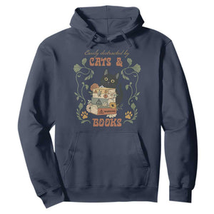 Cute Bookworm Gift Hoodie Easily Distracted By Cats And Books TS12 Navy Print Your Wear
