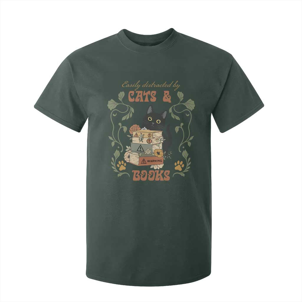 Cute Bookworm Gift T Shirt For Kid Easily Distracted By Cats And Books TS12 Dark Forest Green Print Your Wear