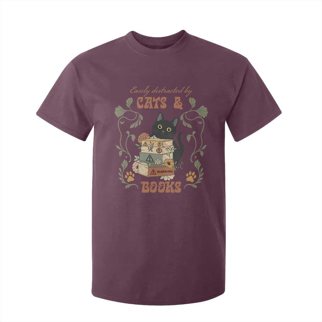 Cute Bookworm Gift T Shirt For Kid Easily Distracted By Cats And Books TS12 Maroon Print Your Wear