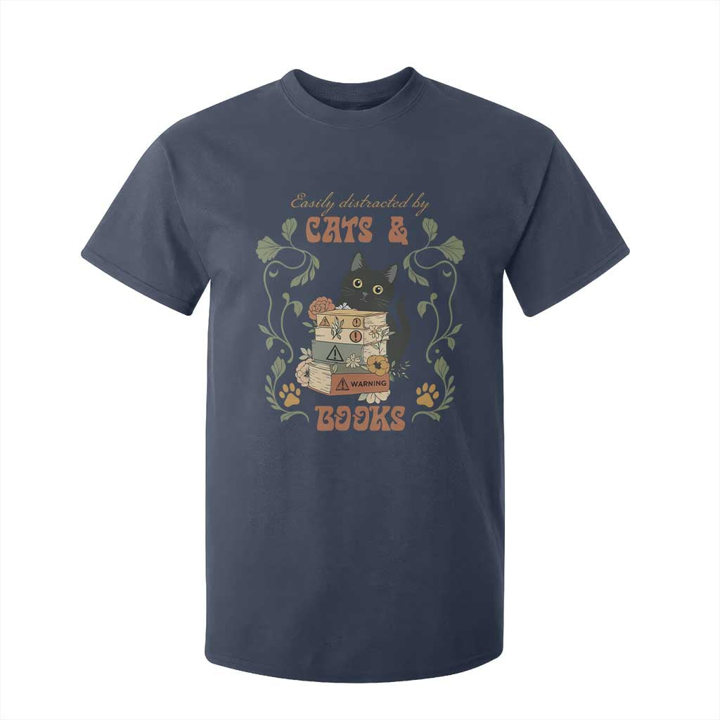 Cute Bookworm Gift T Shirt For Kid Easily Distracted By Cats And Books TS12 Navy Print Your Wear