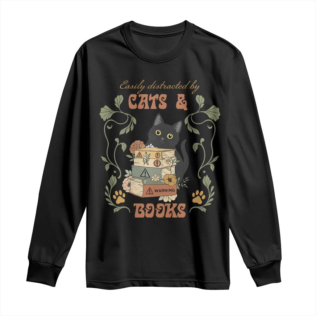 Cute Bookworm Gift Long Sleeve Shirt Easily Distracted By Cats And Books TS12 Black Print Your Wear