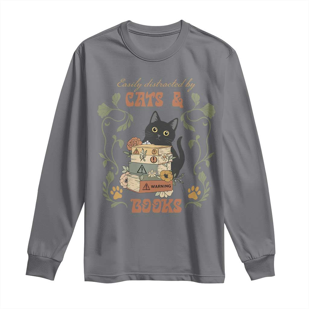Cute Bookworm Gift Long Sleeve Shirt Easily Distracted By Cats And Books TS12 Charcoal Print Your Wear