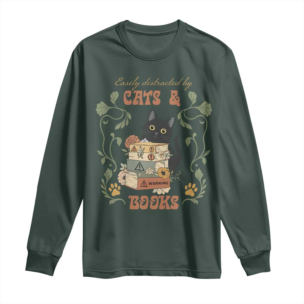 Cute Bookworm Gift Long Sleeve Shirt Easily Distracted By Cats And Books TS12 Dark Forest Green Print Your Wear