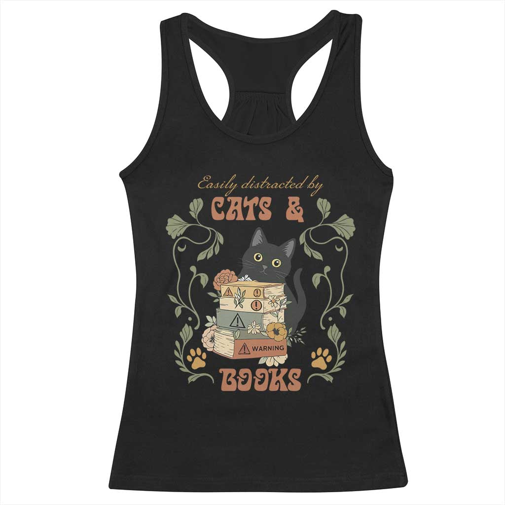Cute Bookworm Gift Racerback Tank Top Easily Distracted By Cats And Books TS12 Black Print Your Wear