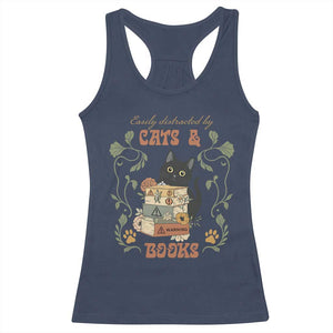 Cute Bookworm Gift Racerback Tank Top Easily Distracted By Cats And Books TS12 Navy Print Your Wear