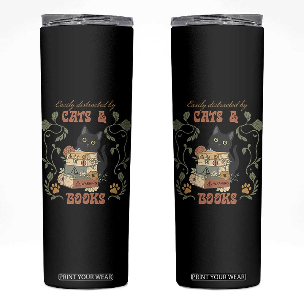 Cute Bookworm Gift Skinny Tumbler Easily Distracted By Cats And Books TS12 Black Print Your Wear