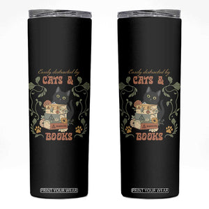 Cute Bookworm Gift Skinny Tumbler Easily Distracted By Cats And Books TS12 Black Print Your Wear