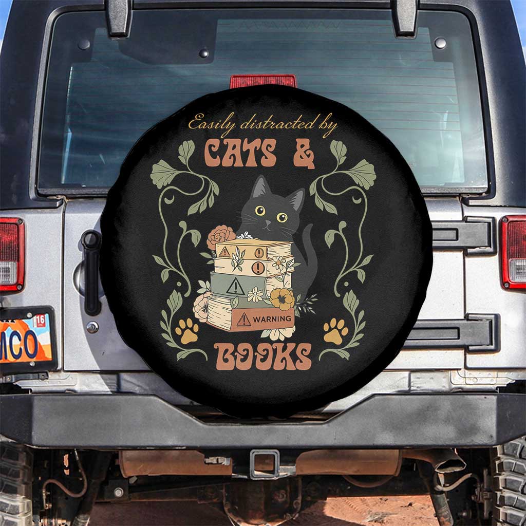 Cute Bookworm Gift Spare Tire Cover Easily Distracted By Cats And Books TS12 No hole Black Print Your Wear