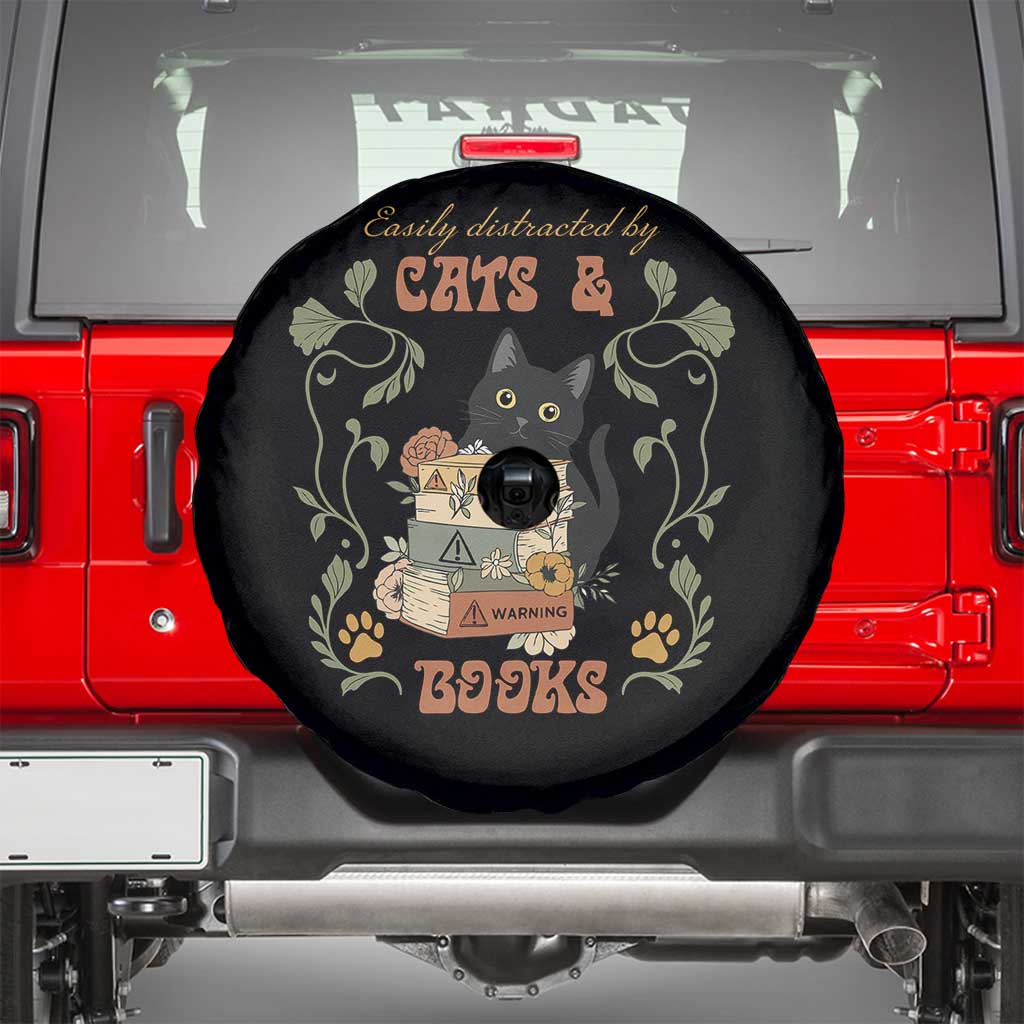 Cute Bookworm Gift Spare Tire Cover Easily Distracted By Cats And Books TS12 Black Print Your Wear