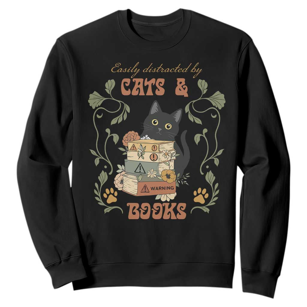 Cute Bookworm Gift Sweatshirt Easily Distracted By Cats And Books TS12 Black Print Your Wear