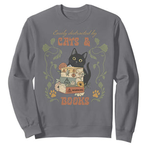 Cute Bookworm Gift Sweatshirt Easily Distracted By Cats And Books TS12 Charcoal Print Your Wear