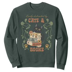 Cute Bookworm Gift Sweatshirt Easily Distracted By Cats And Books TS12 Dark Forest Green Print Your Wear