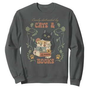 Cute Bookworm Gift Sweatshirt Easily Distracted By Cats And Books TS12 Dark Heather Print Your Wear
