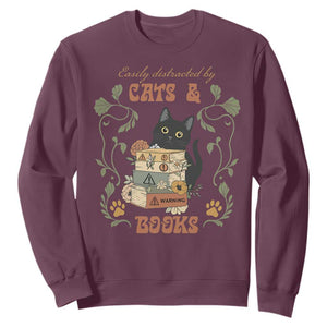 Cute Bookworm Gift Sweatshirt Easily Distracted By Cats And Books TS12 Maroon Print Your Wear