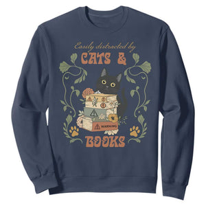 Cute Bookworm Gift Sweatshirt Easily Distracted By Cats And Books TS12 Navy Print Your Wear