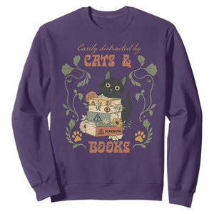 Cute Bookworm Gift Sweatshirt Easily Distracted By Cats And Books TS12 Purple Print Your Wear