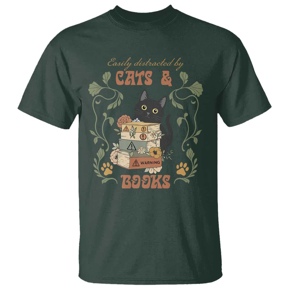 Cute Bookworm Gift T Shirt Easily Distracted By Cats And Books TS12 Dark Forest Green Print Your Wear