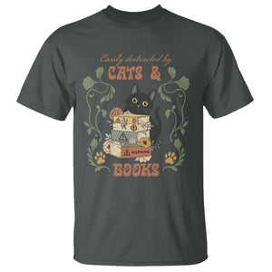 Cute Bookworm Gift T Shirt Easily Distracted By Cats And Books TS12 Dark Heather Print Your Wear