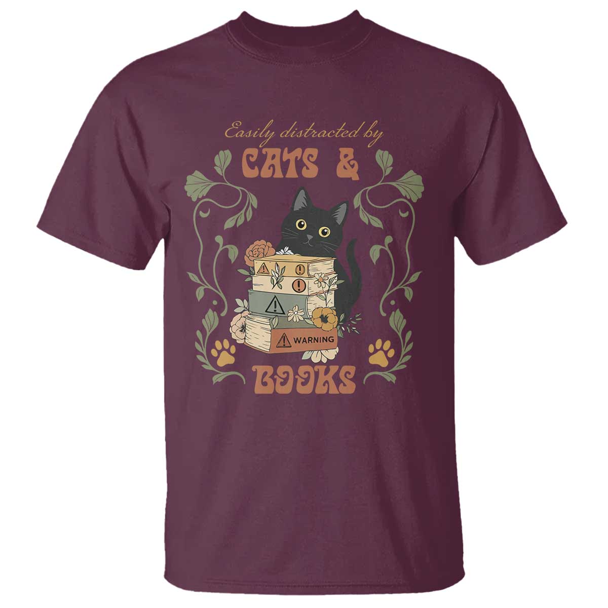 Cute Bookworm Gift T Shirt Easily Distracted By Cats And Books TS12 Maroon Print Your Wear