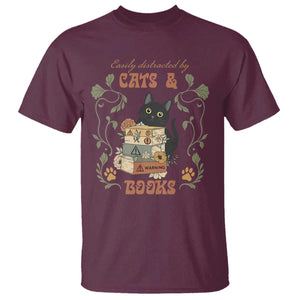 Cute Bookworm Gift T Shirt Easily Distracted By Cats And Books TS12 Maroon Print Your Wear