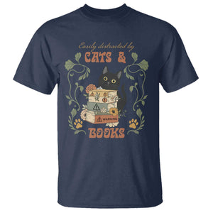 Cute Bookworm Gift T Shirt Easily Distracted By Cats And Books TS12 Navy Print Your Wear