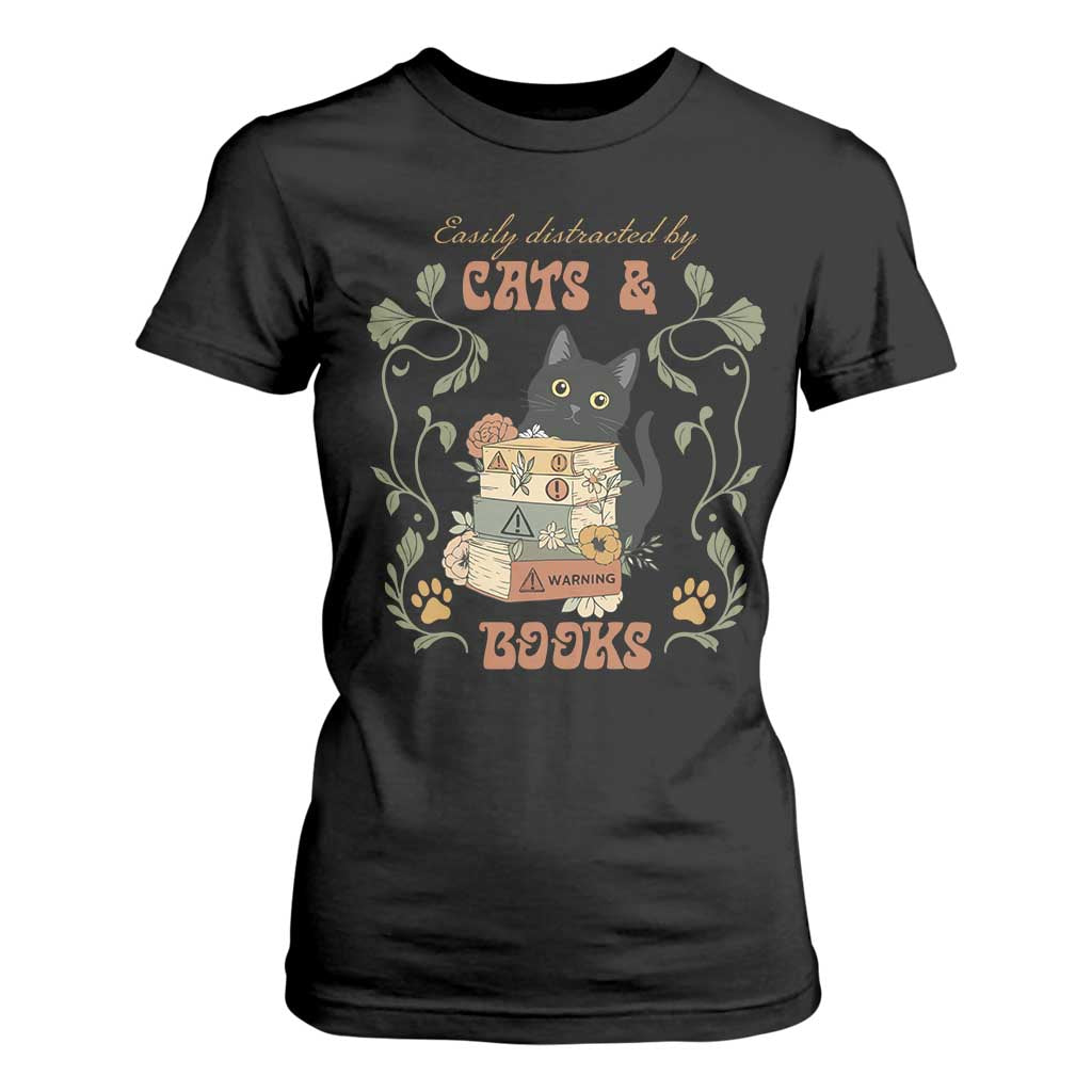 Cute Bookworm Gift T Shirt For Women Easily Distracted By Cats And Books TS12 Black Print Your Wear