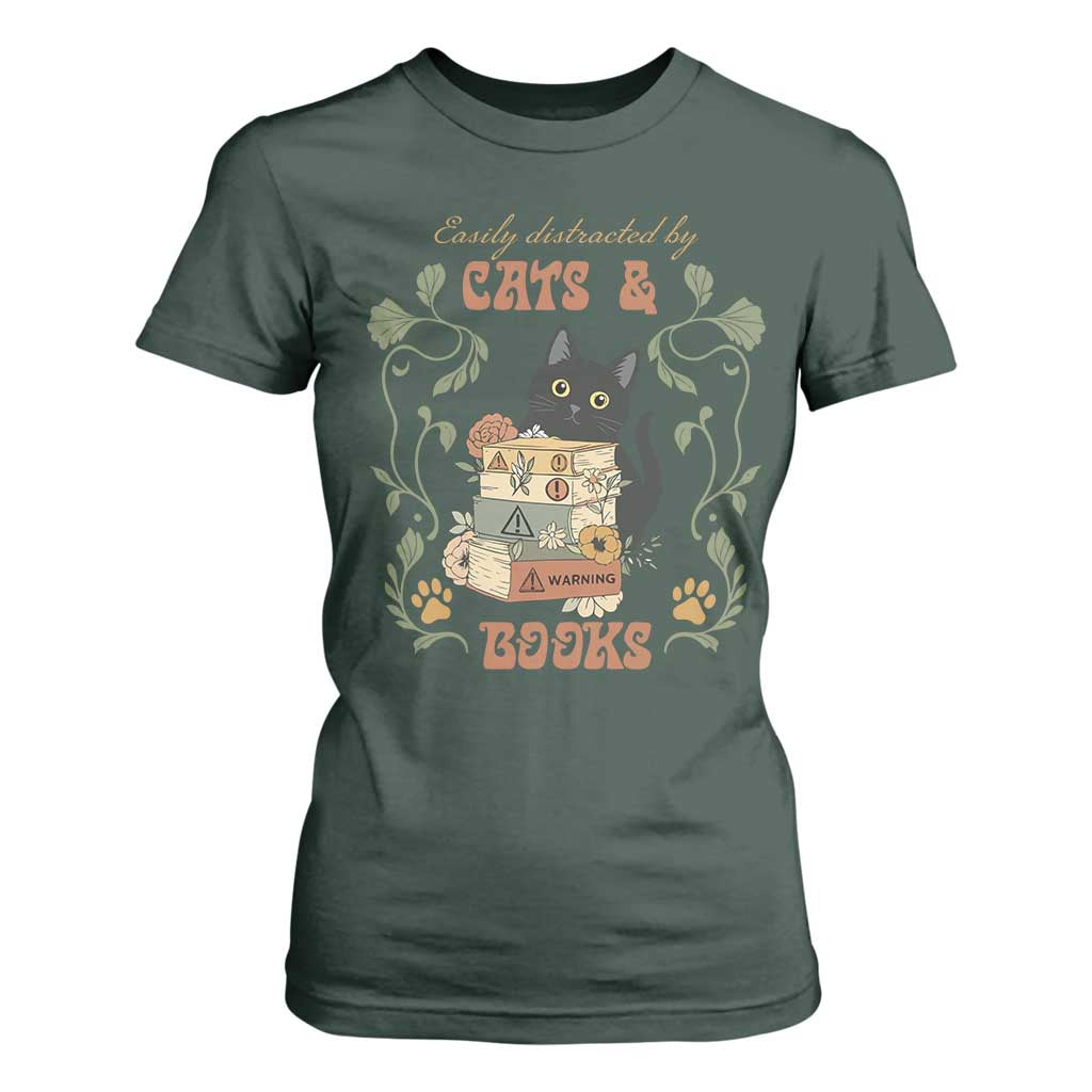Cute Bookworm Gift T Shirt For Women Easily Distracted By Cats And Books TS12 Dark Forest Green Print Your Wear
