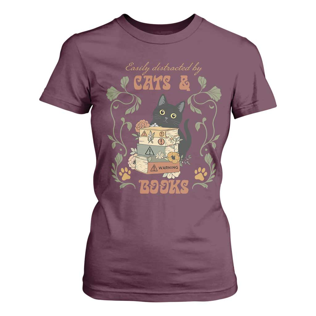 Cute Bookworm Gift T Shirt For Women Easily Distracted By Cats And Books TS12 Maroon Print Your Wear