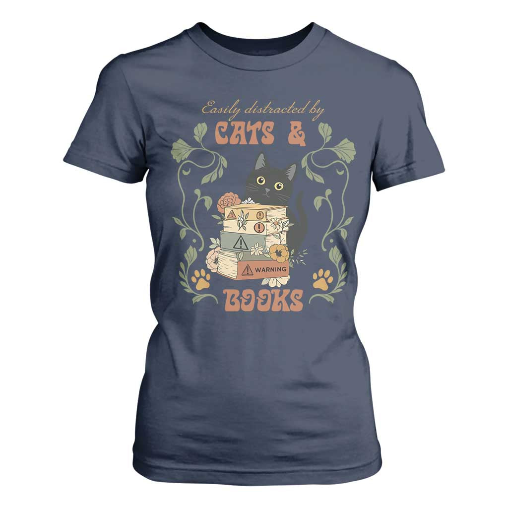 Cute Bookworm Gift T Shirt For Women Easily Distracted By Cats And Books TS12 Navy Print Your Wear