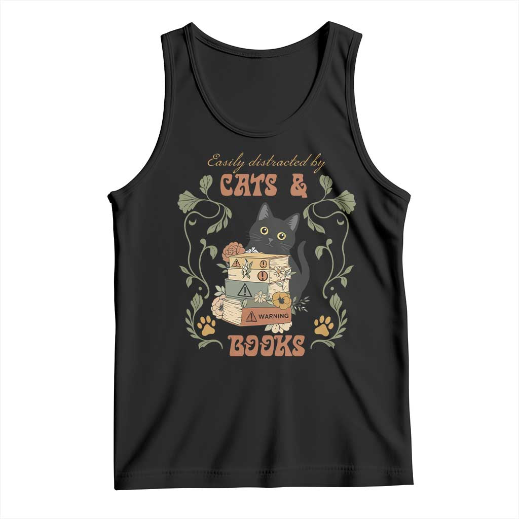 Cute Bookworm Gift Tank Top Easily Distracted By Cats And Books TS12 Black Print Your Wear