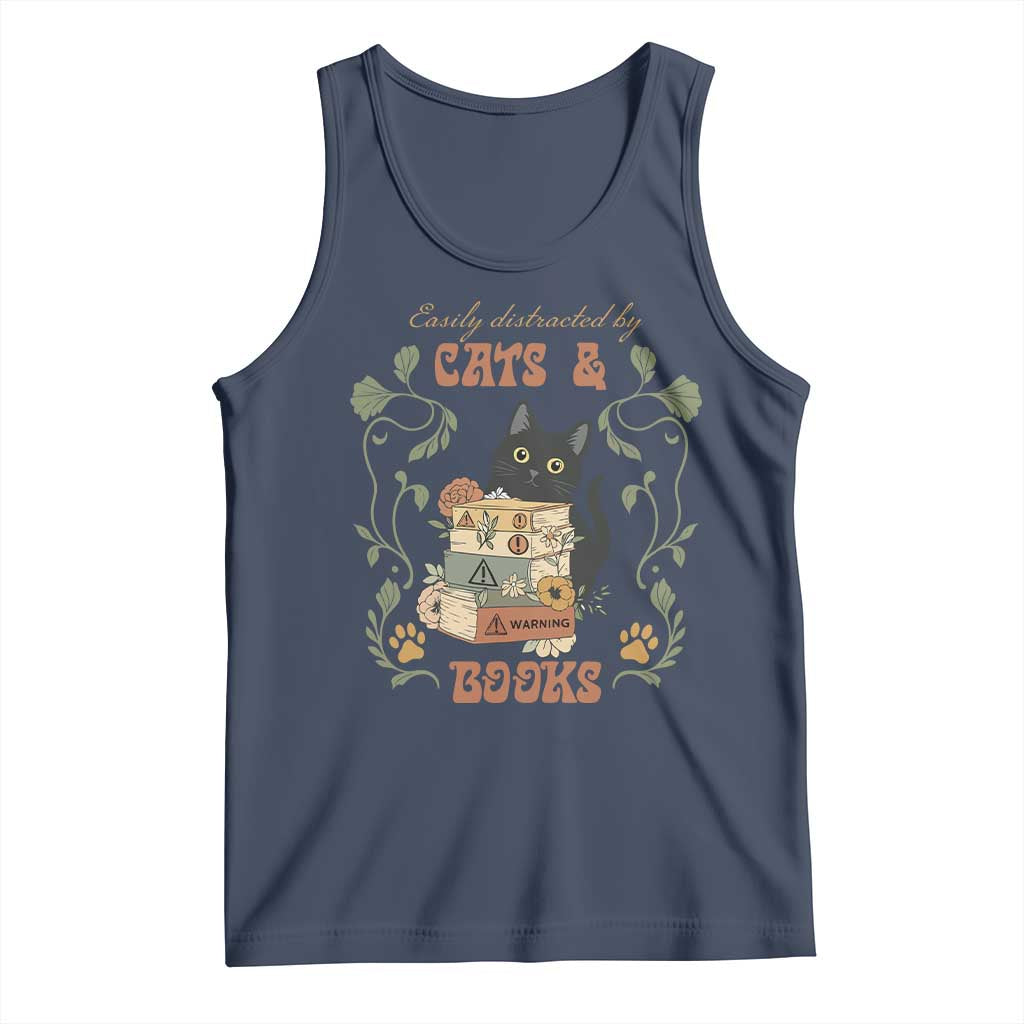 Cute Bookworm Gift Tank Top Easily Distracted By Cats And Books TS12 Navy Print Your Wear