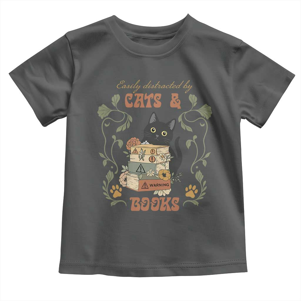 Cute Bookworm Gift Toddler T Shirt Easily Distracted By Cats And Books TS12 Dark Heather Print Your Wear