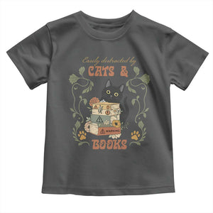 Cute Bookworm Gift Toddler T Shirt Easily Distracted By Cats And Books TS12 Dark Heather Print Your Wear