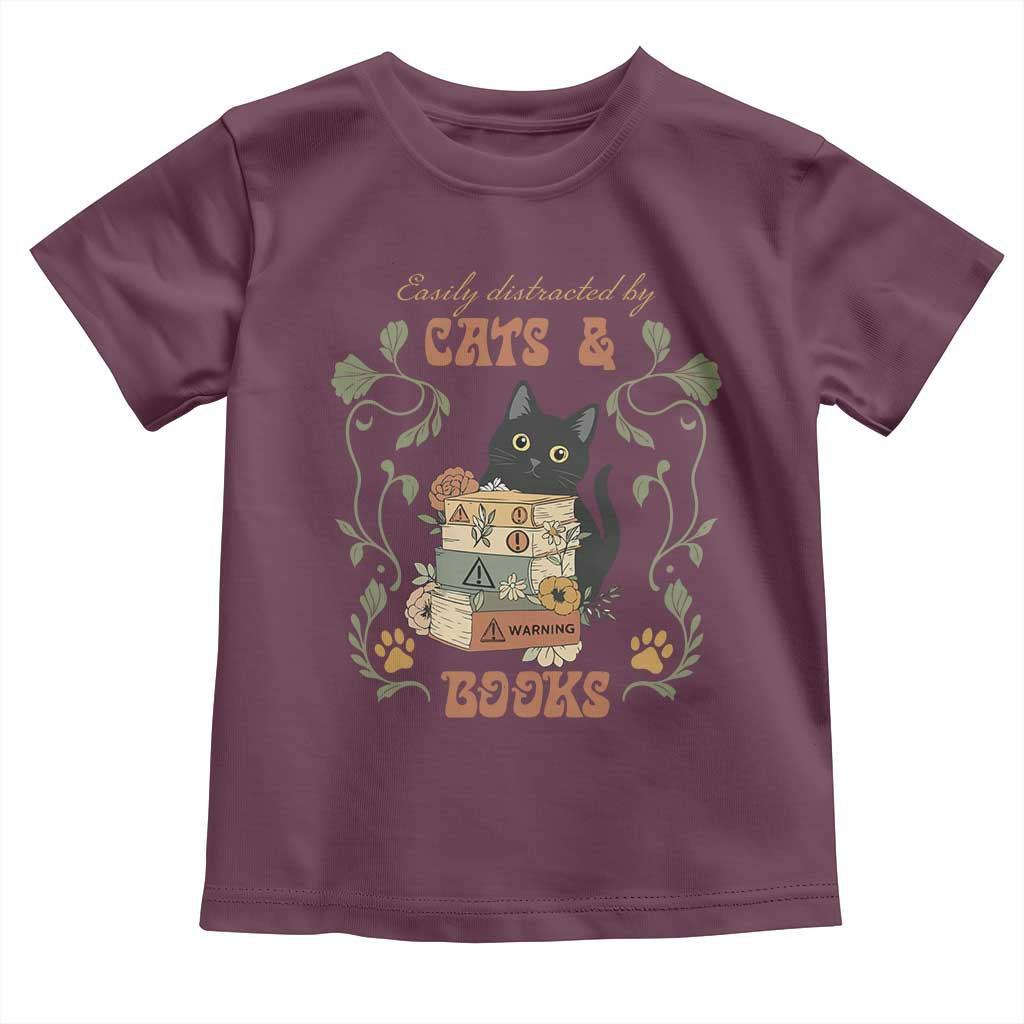 Cute Bookworm Gift Toddler T Shirt Easily Distracted By Cats And Books TS12 Maroon Print Your Wear