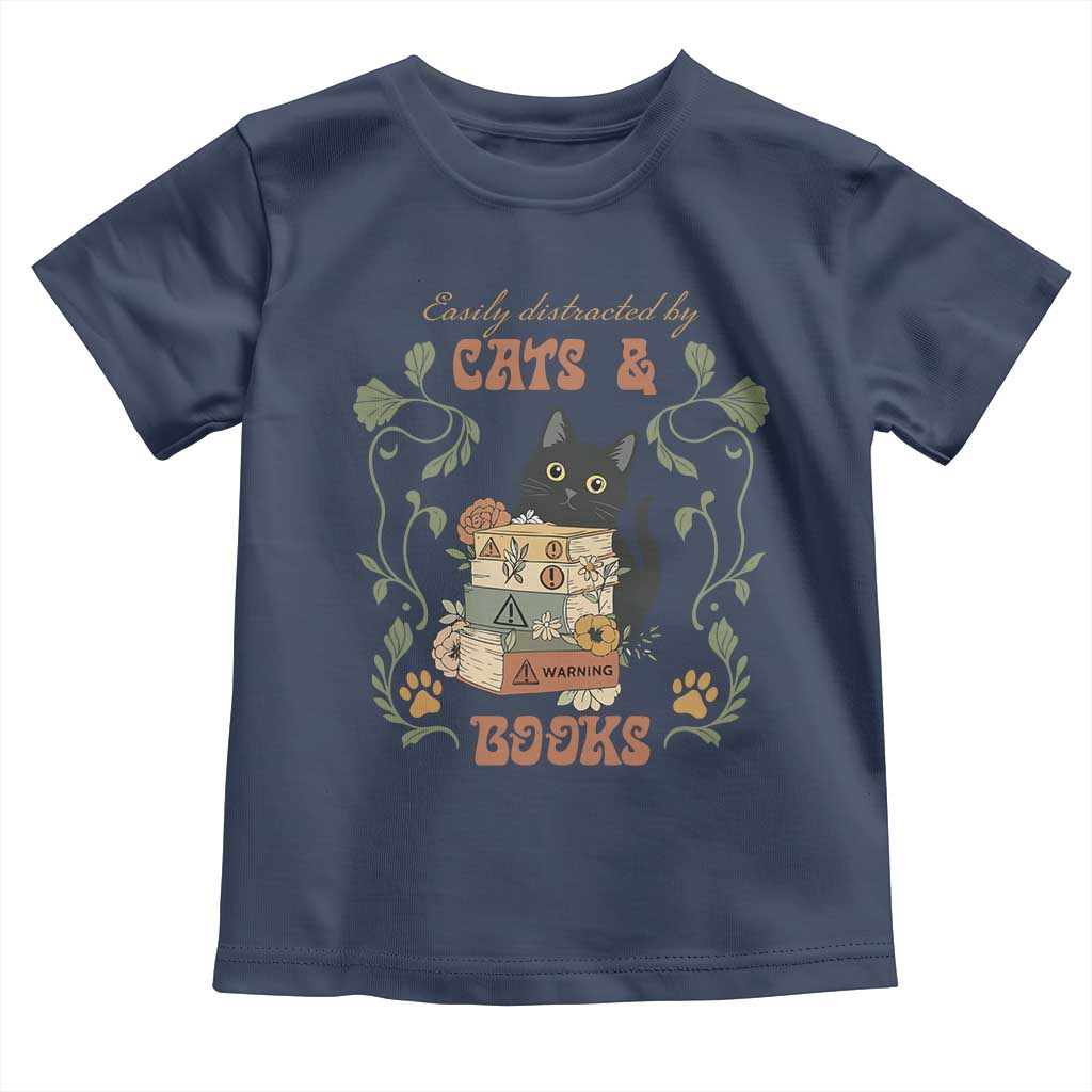 Cute Bookworm Gift Toddler T Shirt Easily Distracted By Cats And Books TS12 Navy Print Your Wear