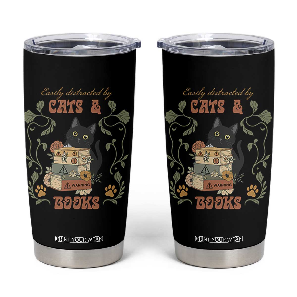 Cute Bookworm Gift Tumbler Cup Easily Distracted By Cats And Books TS12 Black Print Your Wear