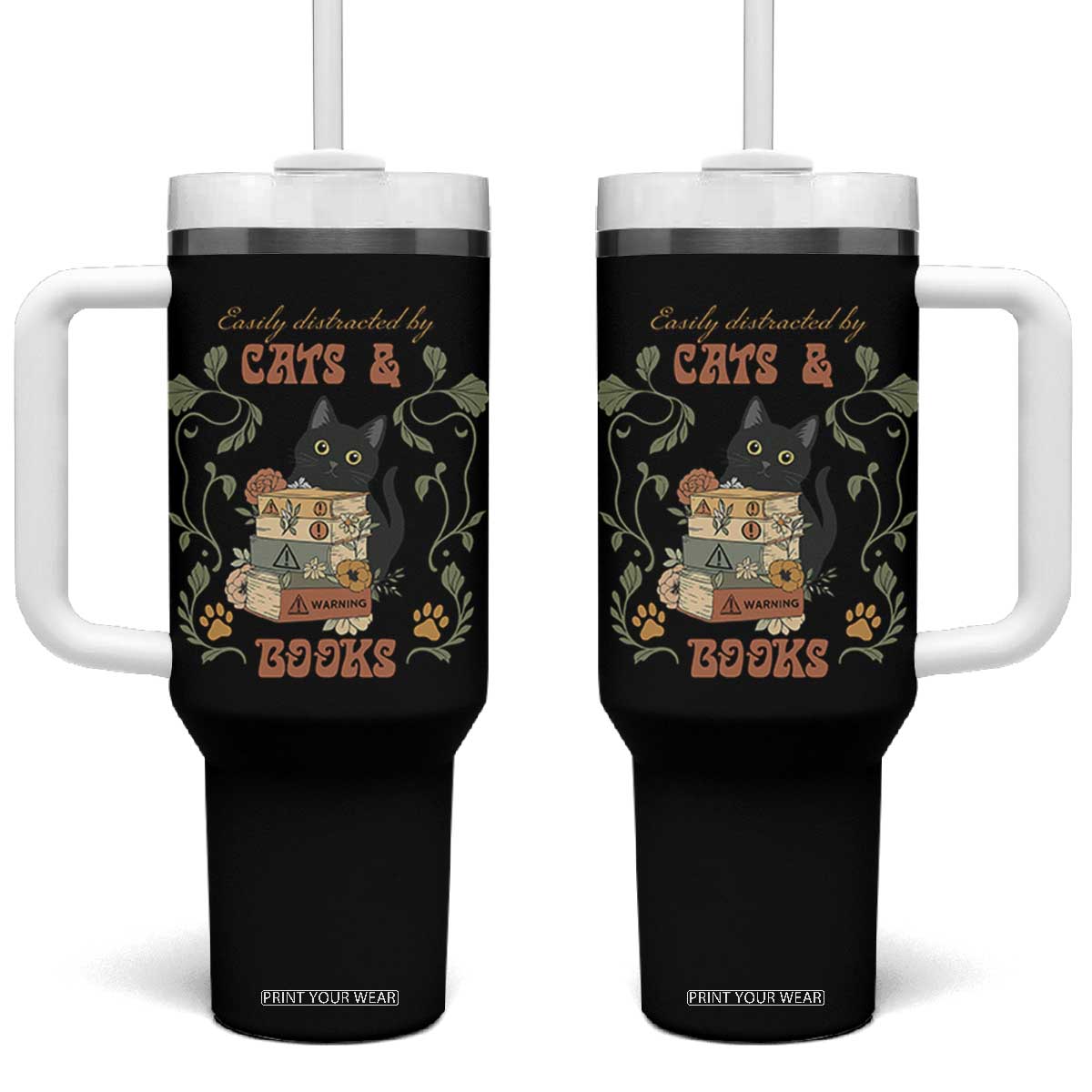 Cute Bookworm Gift Tumbler With Handle Easily Distracted By Cats And Books TS12 One Size: 40 oz Black Print Your Wear