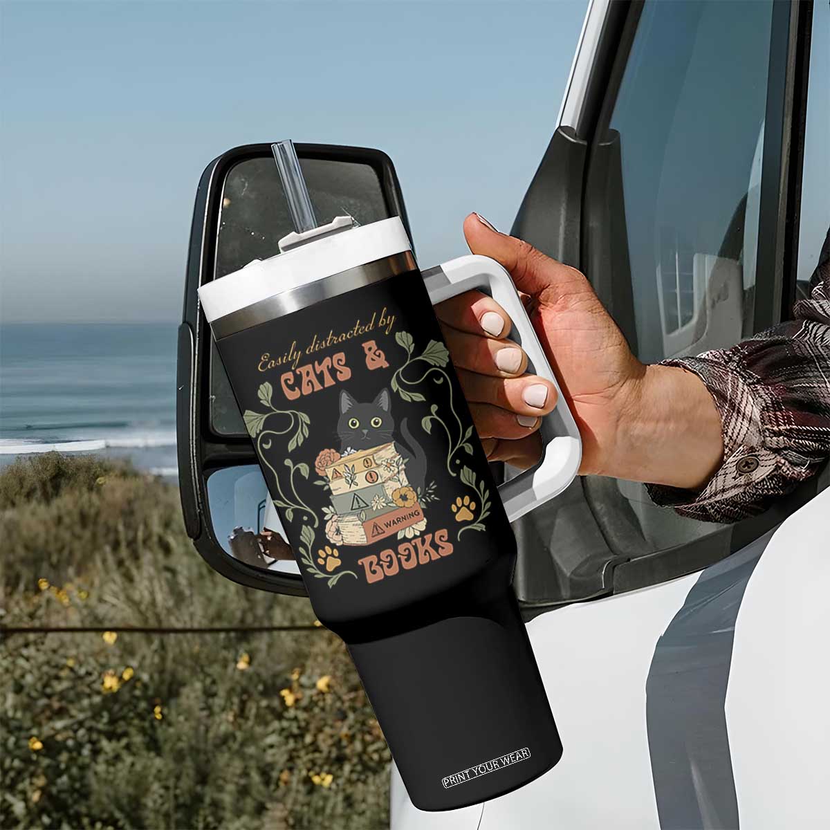 Cute Bookworm Gift Tumbler With Handle Easily Distracted By Cats And Books TS12 Print Your Wear