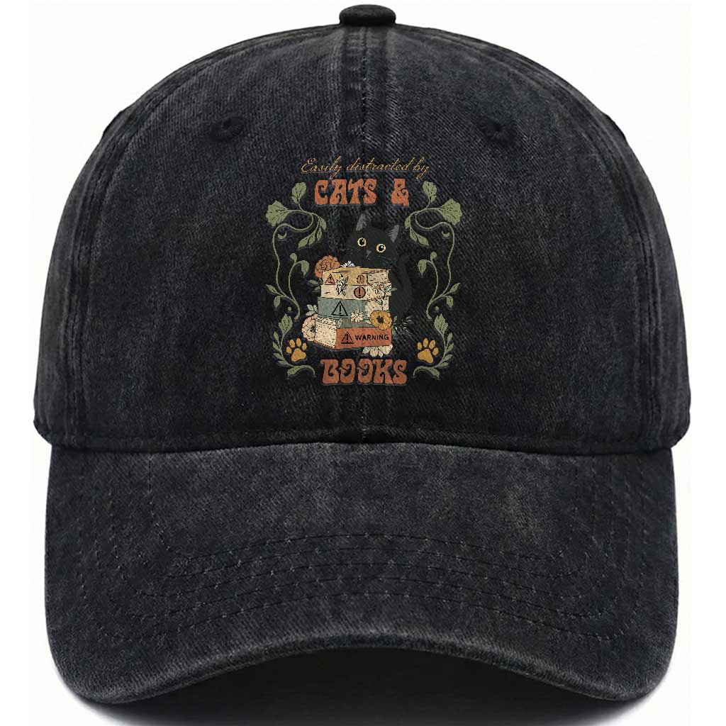 Cute Bookworm Gift Washed Cotton Baseball Cap Easily Distracted By Cats And Books TS12 Print Your Wear