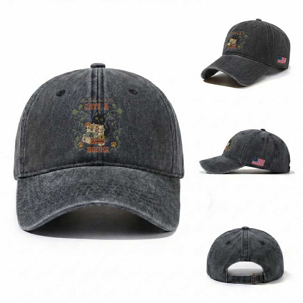 Cute Bookworm Gift Washed Cotton Baseball Cap Easily Distracted By Cats And Books TS12 Washed Cap Universal Fit Dark Gray Print Your Wear