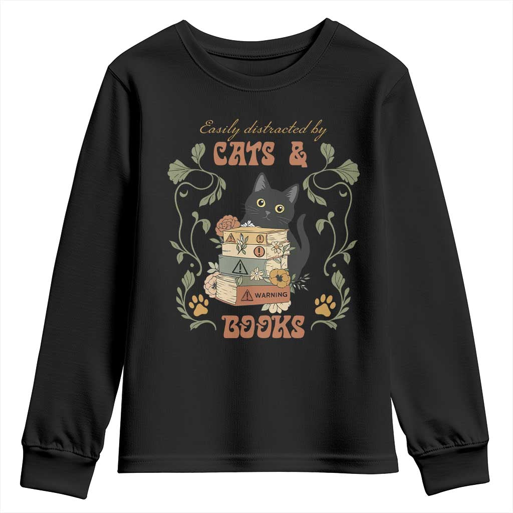 Cute Bookworm Gift Youth Sweatshirt Easily Distracted By Cats And Books TS12 Black Print Your Wear