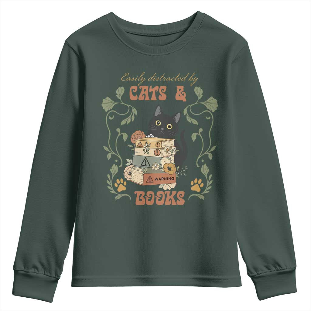 Cute Bookworm Gift Youth Sweatshirt Easily Distracted By Cats And Books TS12 Dark Forest Green Print Your Wear