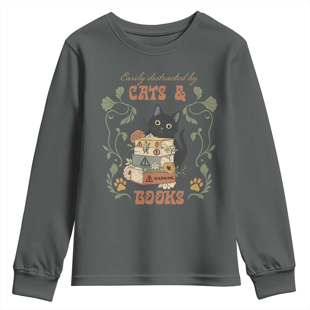 Cute Bookworm Gift Youth Sweatshirt Easily Distracted By Cats And Books TS12 Dark Heather Print Your Wear