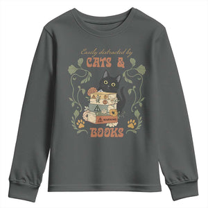 Cute Bookworm Gift Youth Sweatshirt Easily Distracted By Cats And Books TS12 Dark Heather Print Your Wear