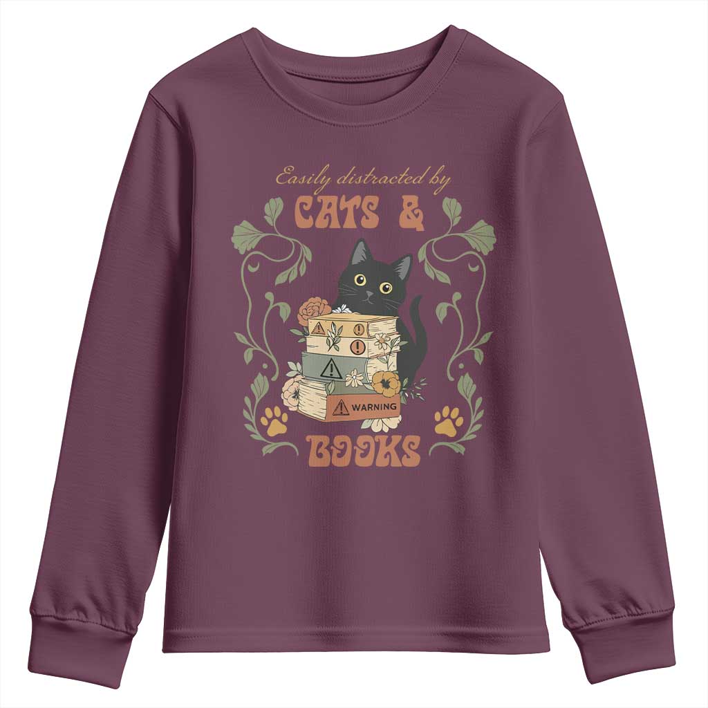 Cute Bookworm Gift Youth Sweatshirt Easily Distracted By Cats And Books TS12 Maroon Print Your Wear