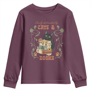 Cute Bookworm Gift Youth Sweatshirt Easily Distracted By Cats And Books TS12 Maroon Print Your Wear